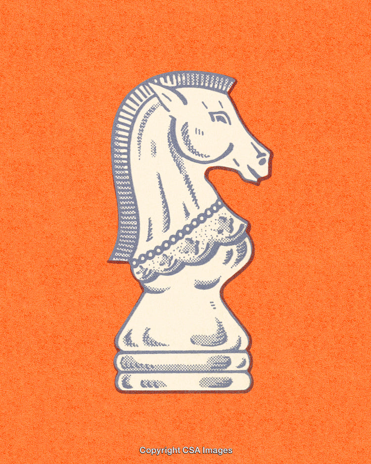 Stylized Chess Knight Piece Illustration on Vibrant Orange Background