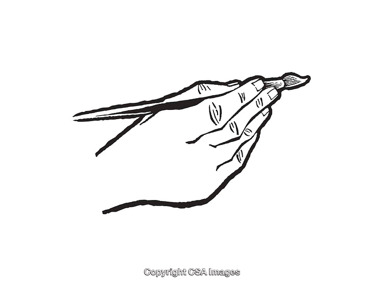 Detailed Black and White Line Art of a Hand Holding a Paintbrush