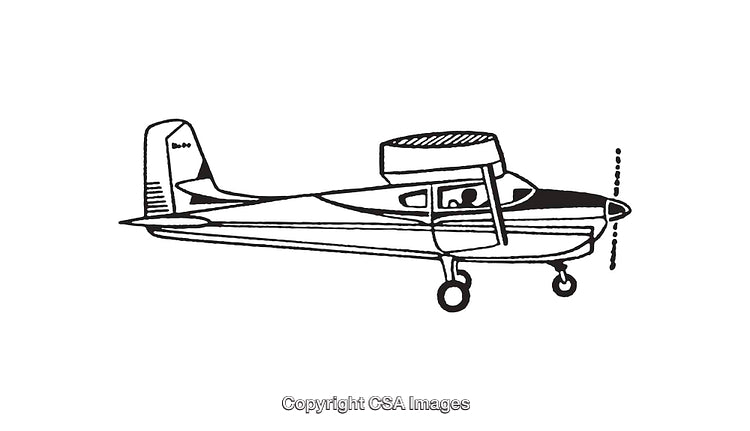 Black and White Line Drawing of a Small Airplane in Flight