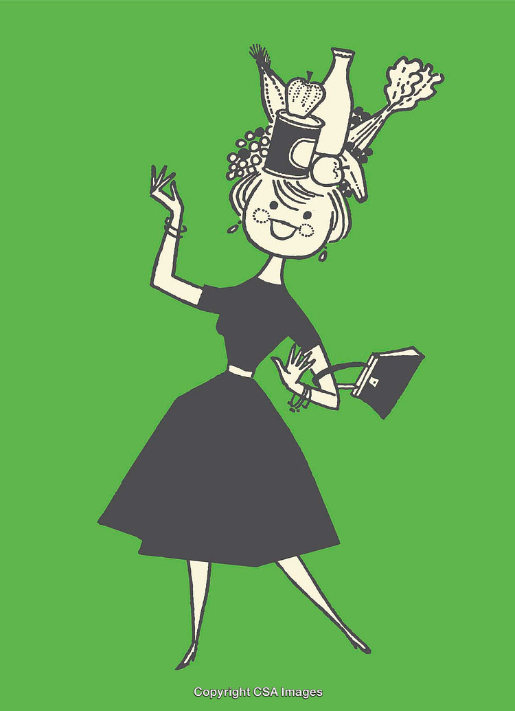 Stylized Cartoon Woman with Fruit Hat on Vibrant Green Background