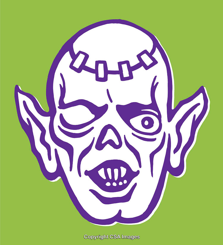 Stylized Purple Zombie Illustration with Green Background in Line Art Style