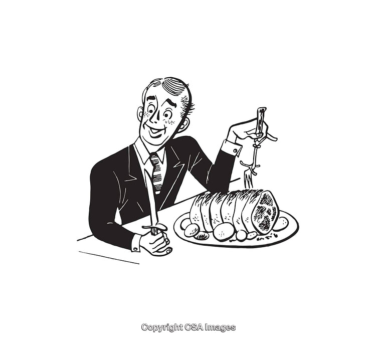 Vintage Illustration of Happy Man Enjoying Roast Dinner