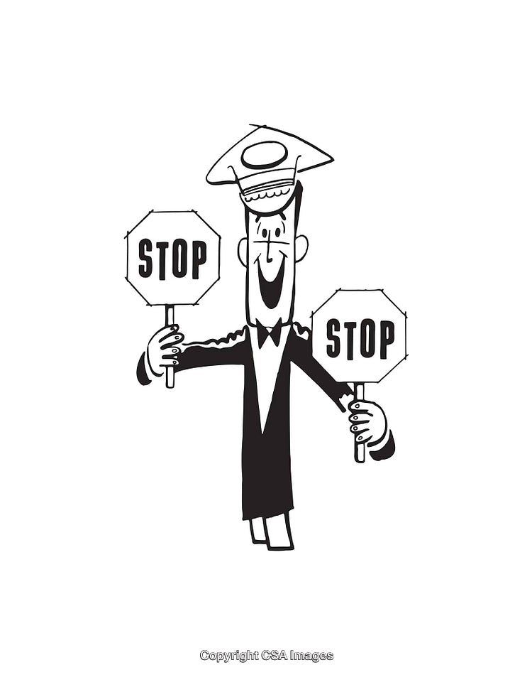 Cartoon Policeman Holding Stop Signs in Black and White Line Art