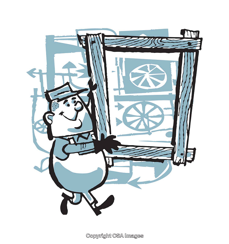 Cartoon Illustration of Worker Holding Wooden Frame with Engineering Symbols Behind