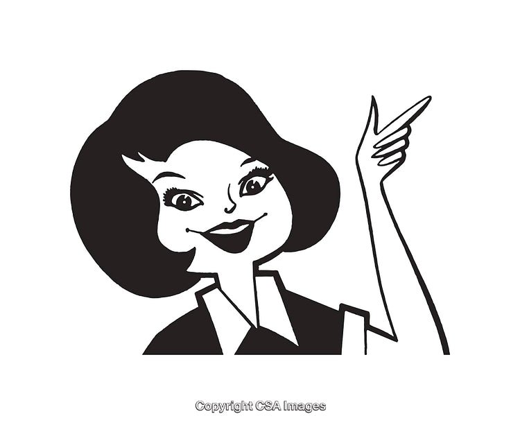 Black and White Retro Illustration of a Woman with a Pointing Gesture