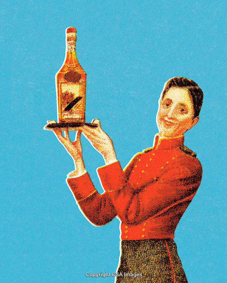 Vintage Styled Illustration of a Waiter Displaying a Bottle with a Smile