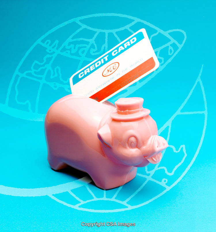 Colorful Piggy Bank with Credit Card on a Globally Inspired Blue Background
