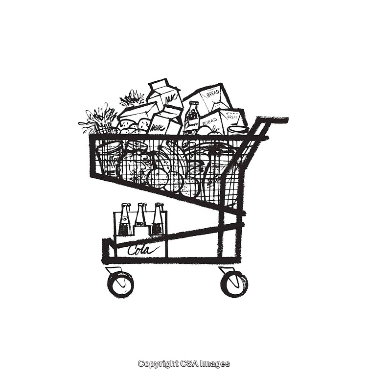Black And White Sketch of A Full Shopping Cart with Groceries
