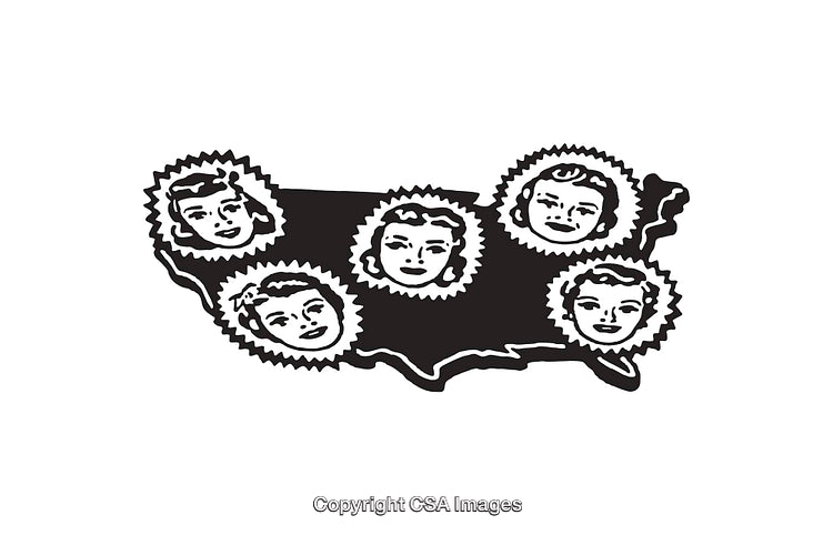 Retro Line Art of Diverse Faces Over United States Map