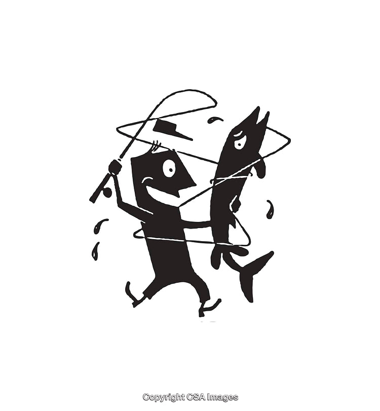 Whimsical Black and White Illustration of Happy Fisherman with Catch