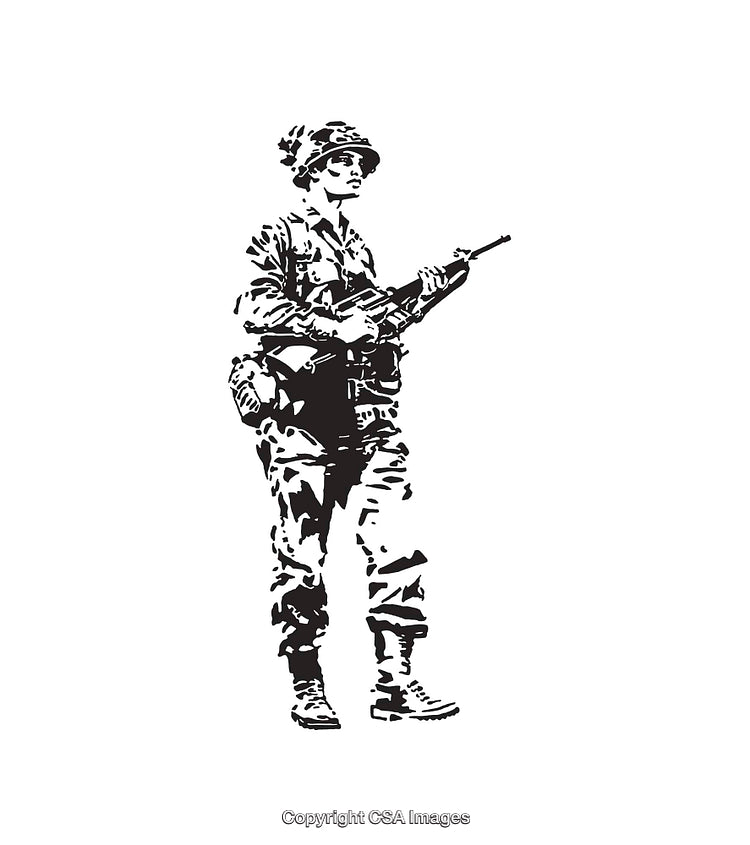 Black and White Line Art of a Soldier with Weapon