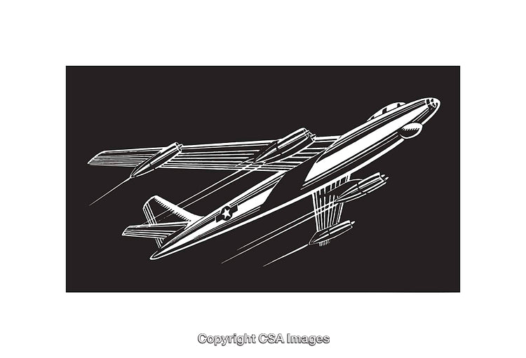 Vintage Black and White Line Art Illustration of a Jet Airplane