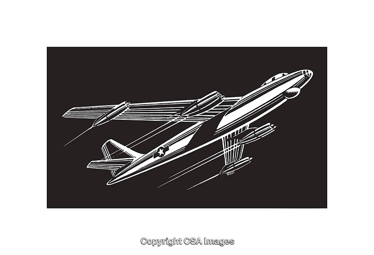 Vintage Black and White Line Art Illustration of a Jet Airplane