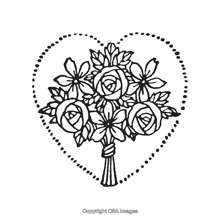 Black and White Heart-Shaped Floral Bouquet Line Art Illustration