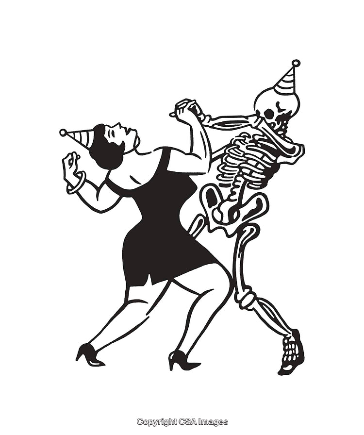 Illustration of a Woman Dancing with a Skeletal Partner in Party Hats