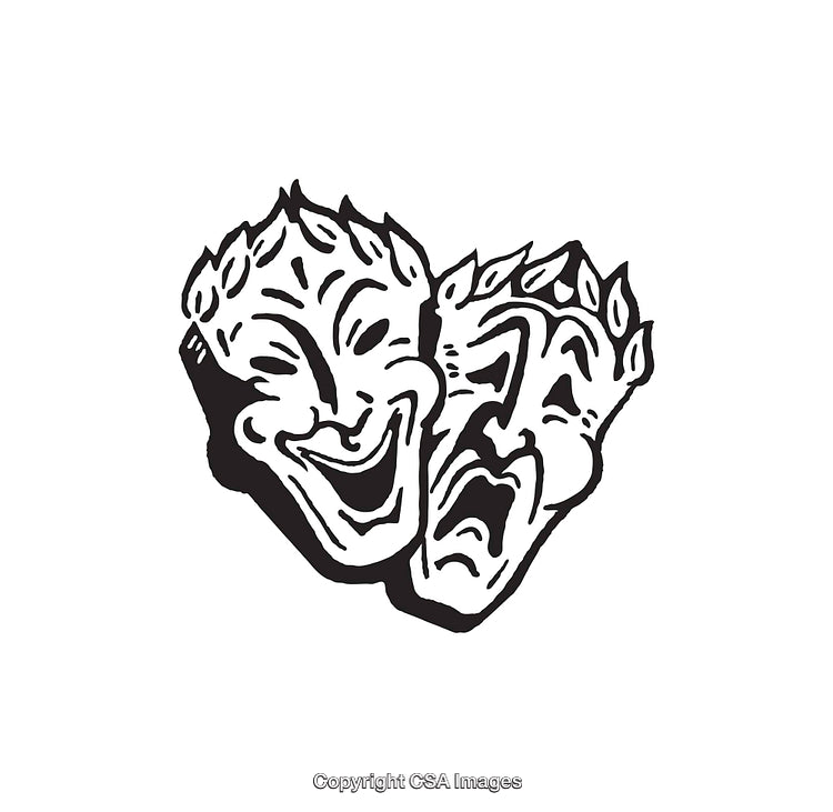 Classic Comedy and Tragedy Masks in Black and White Line Art