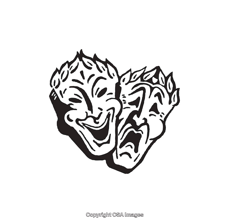 Classic Comedy and Tragedy Masks in Black and White Line Art