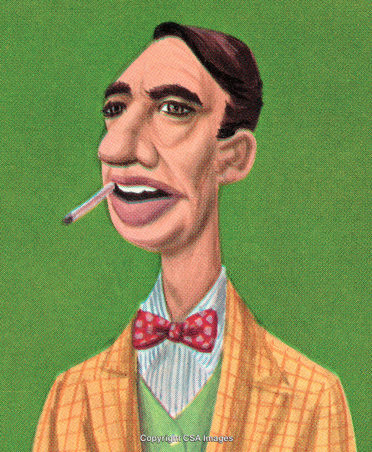 Cartoon Style Man with Exaggerated Features Wearing a Colorful Suit and Bow Tie