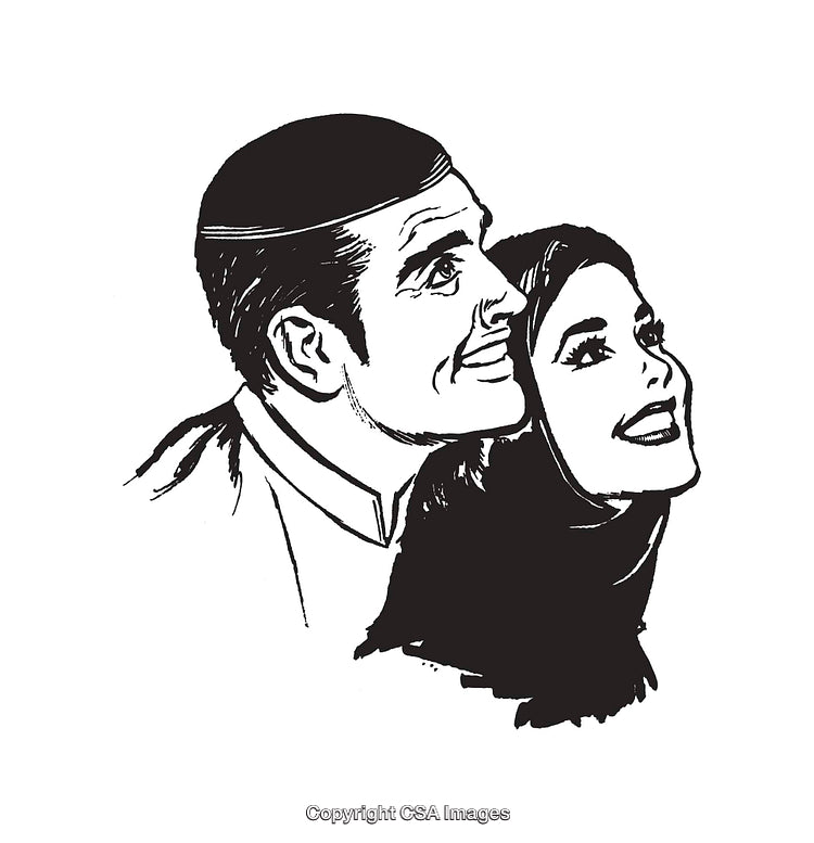 Black and White Line Art Illustration of Smiling Couple Looking Upwards