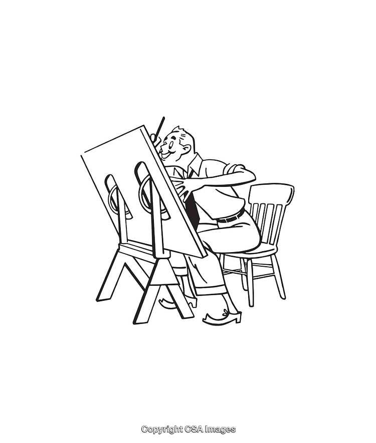 Black and White Illustration of Creative Artist Drawing at Easel