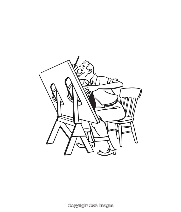 Black and White Illustration of Creative Artist Drawing at Easel