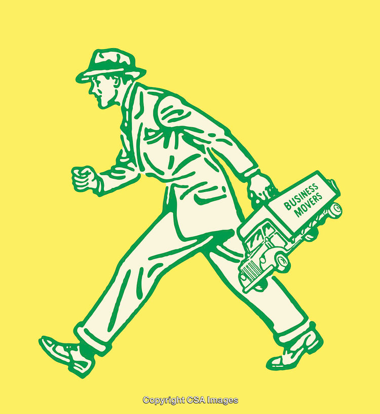 Retro Style Illustration of Businessman Holding Business Movers Truck