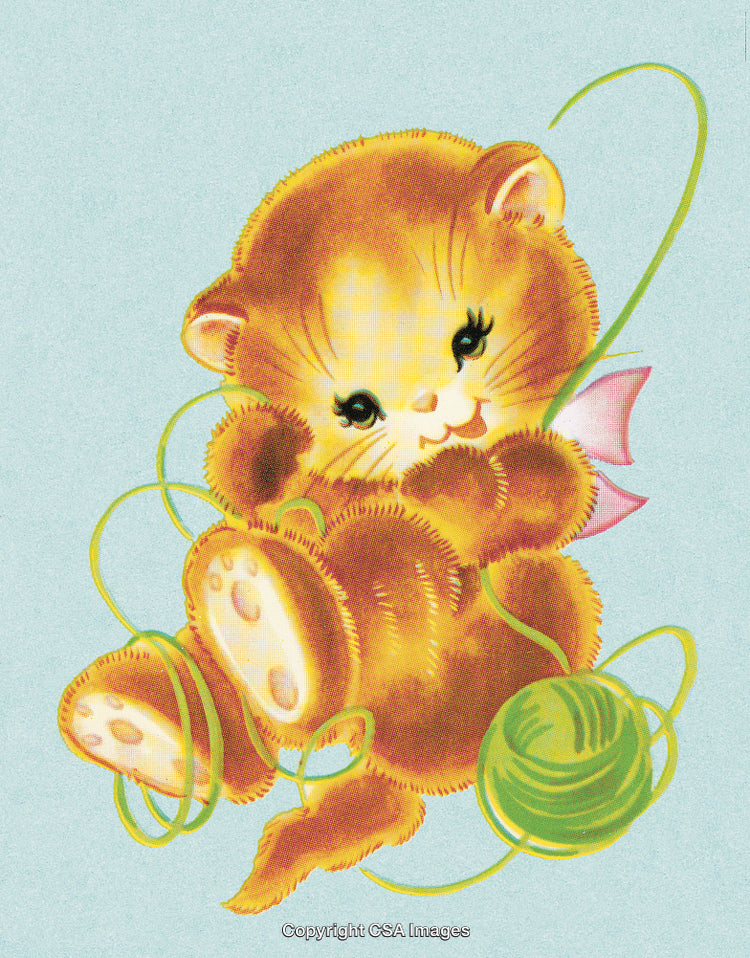 Adorable Cartoon Kitten Playing With Green Yarn In a Vintage Art Style