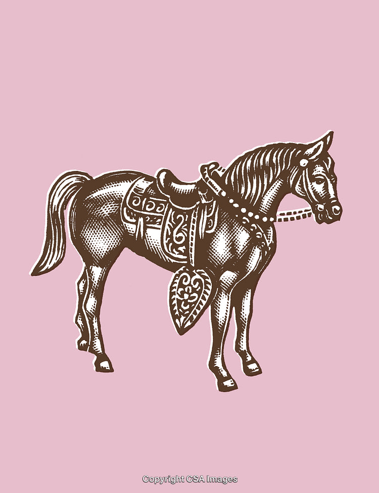 Vintage Engraving of Saddled Horse on Pink Background with Ornate Details