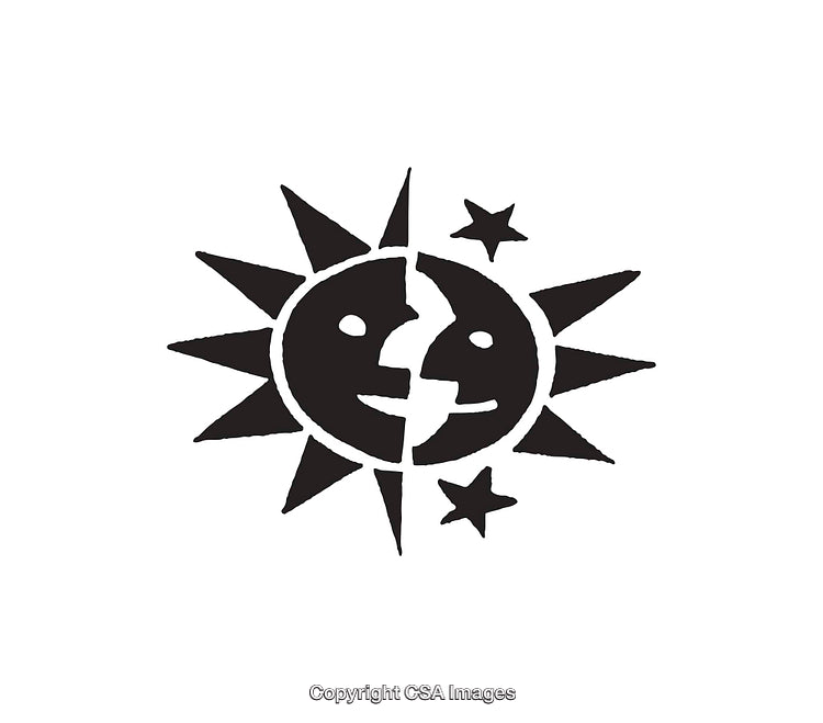 Intricate Black and White Sun and Moon Illustration with Stars