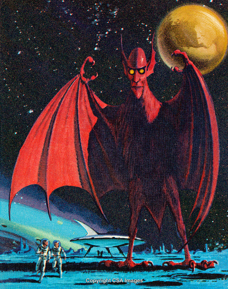 Retro Sci-Fi Artwork of Astronauts Confronting a Giant Alien Demon on Another Planet