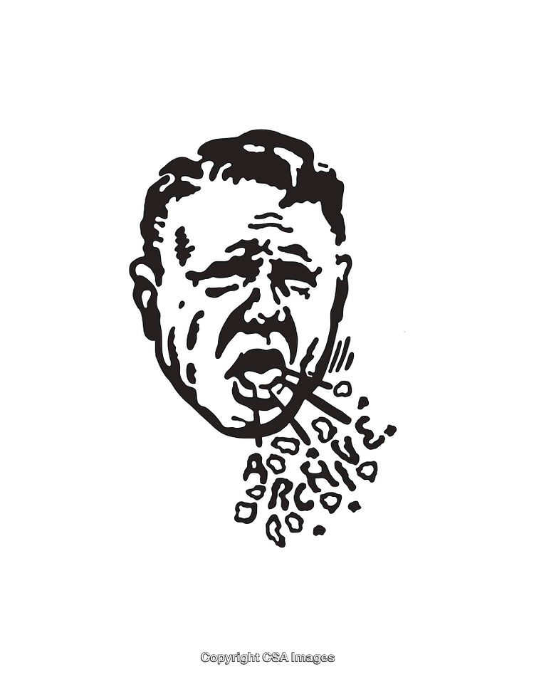 Expressive Black and White Line Art Face Illustration Exhaling Styled Words
