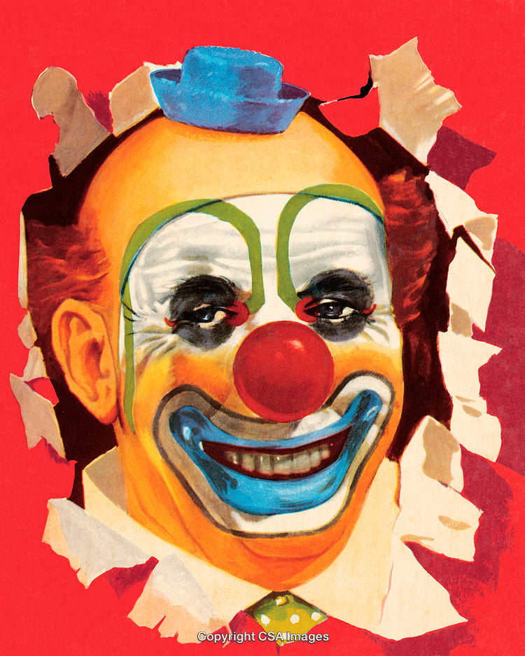 Smiling Clown in Colorful Makeup with a Bold Red Background