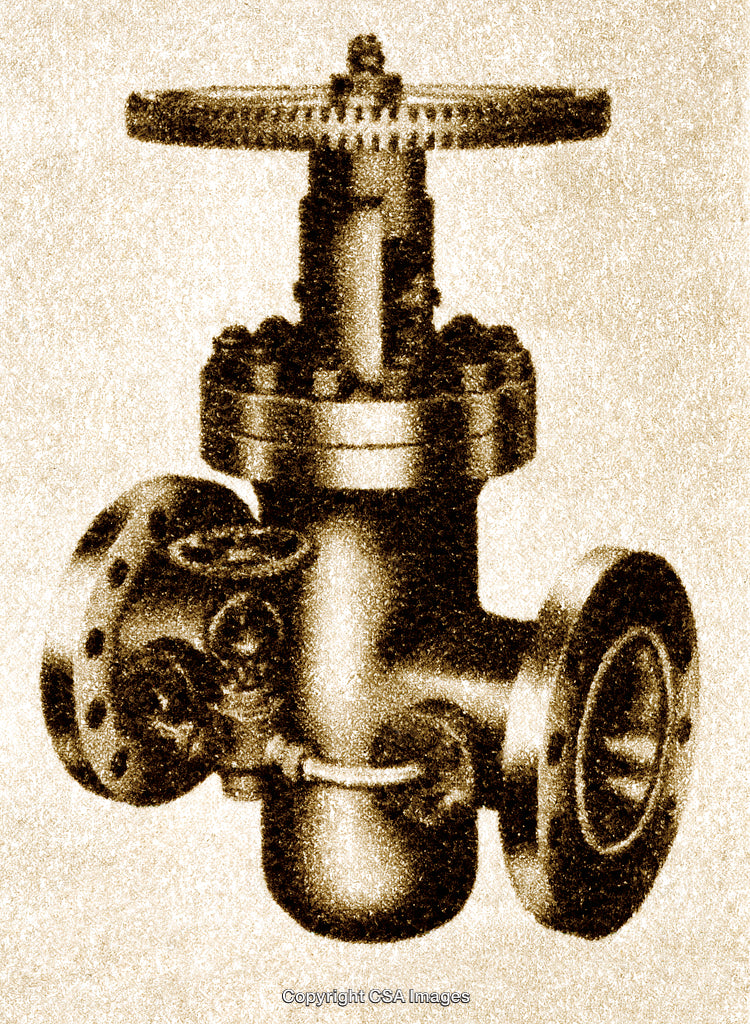 Vintage Industrial Valve Illustration with Mechanical Details in Sepia Tone