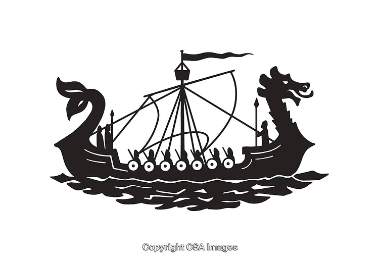 Black and White Line Art of a Viking Ship with Dragon Head