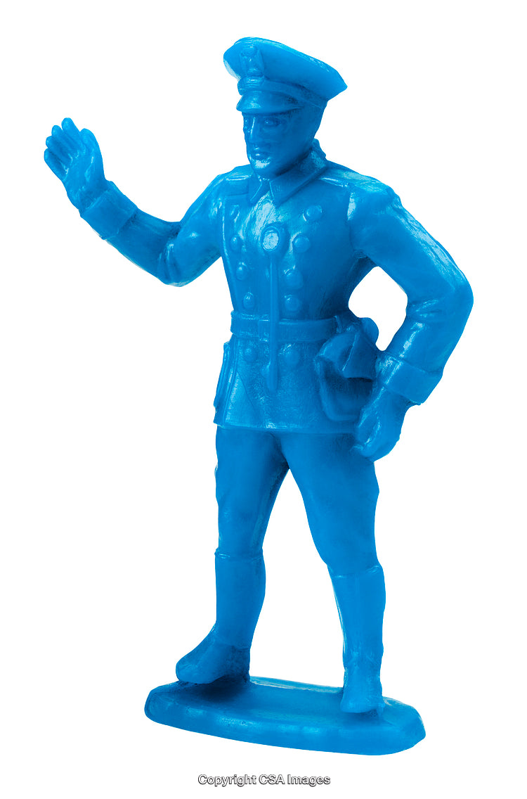 Blue Plastic Toy Soldier Figurine Standing in Commanding Pose