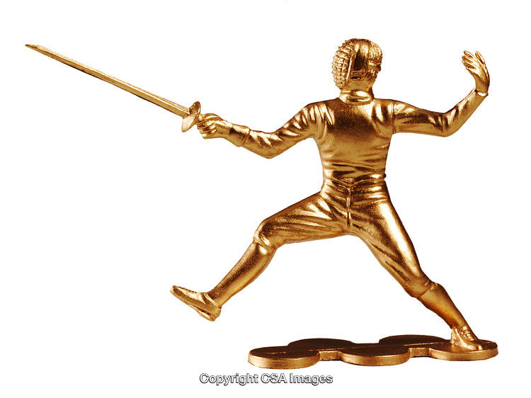 Golden Figurine of a Fencer Holding a Sword in Action Pose