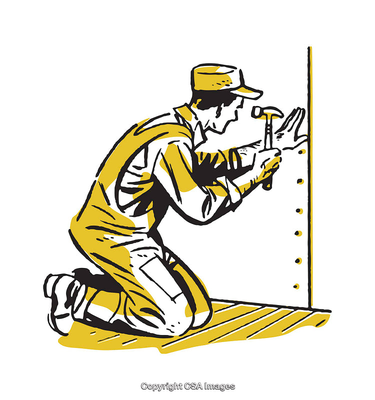 Retro Illustration of a Worker Hammering Nails into a Wooden Wall Panel