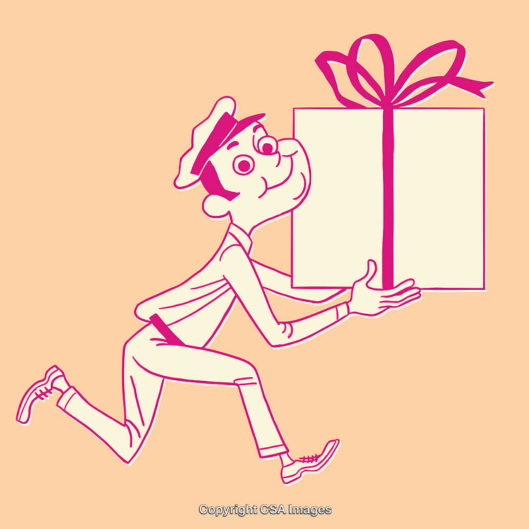 Retro-Style Courier Delivering a Gift Box with a Bow Illustration
