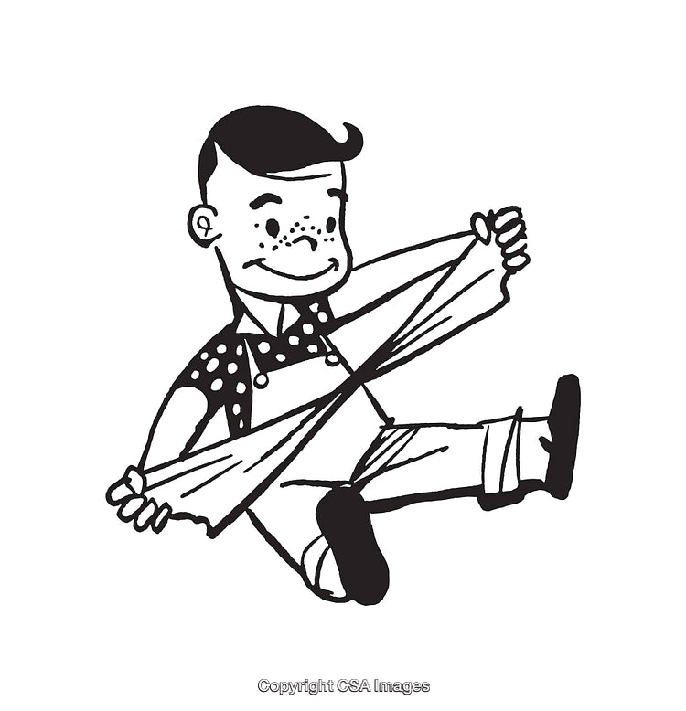 Black and White Illustration of a Freckled Boy Stretching Fabric