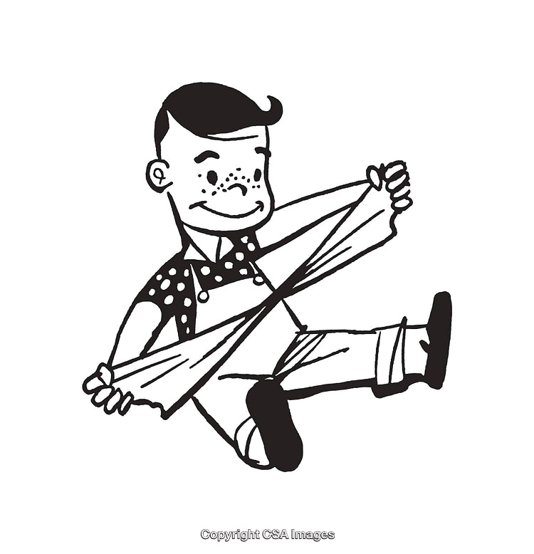 Black and White Illustration of a Freckled Boy Stretching Fabric