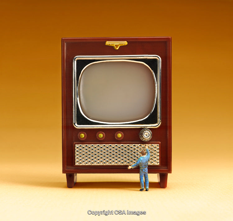 Miniature Figure Interacting with a Retro Television on a Vibrant Background