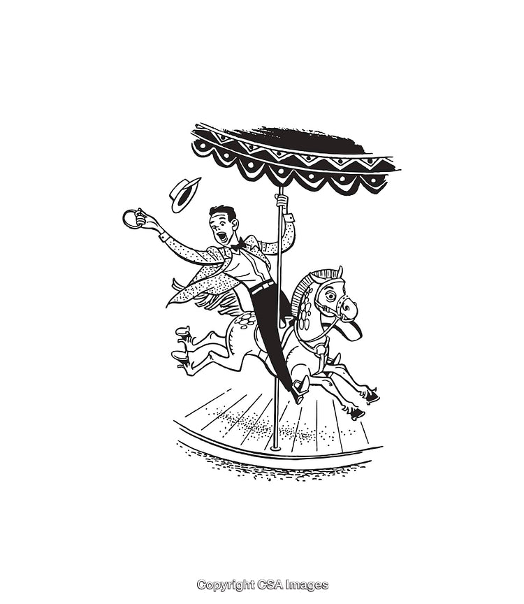 Black and White Line Art of Man on a Carousel Horse