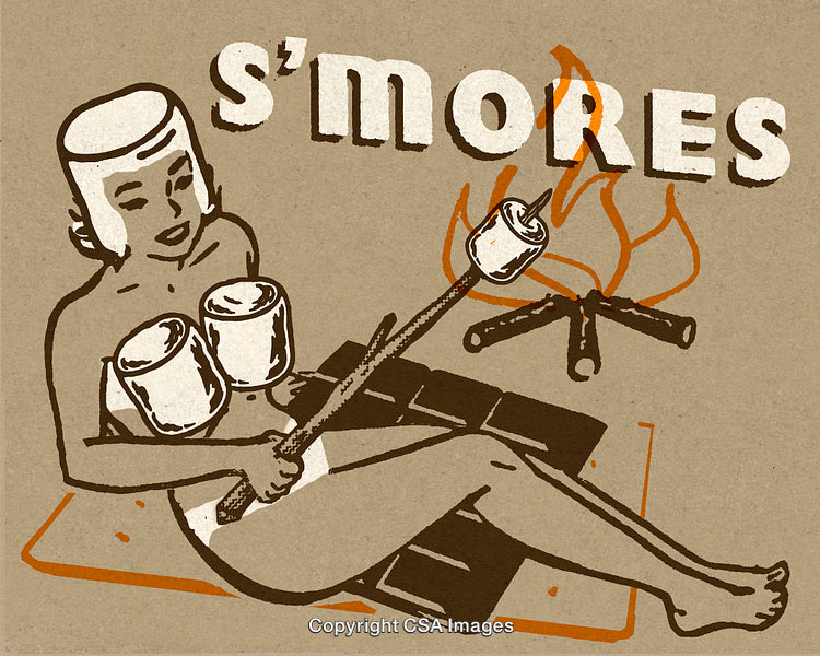 Retro Illustration of Campfire Marshmallow Roasting Scene in Vintage Style