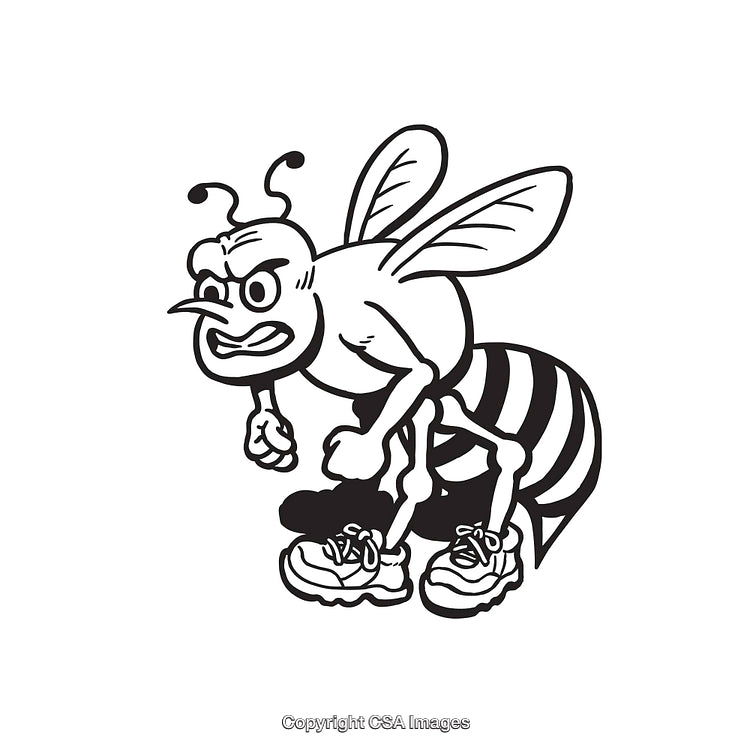 Cartoon Design of Angry Bee Wearing Sneakers in Black and White Illustration