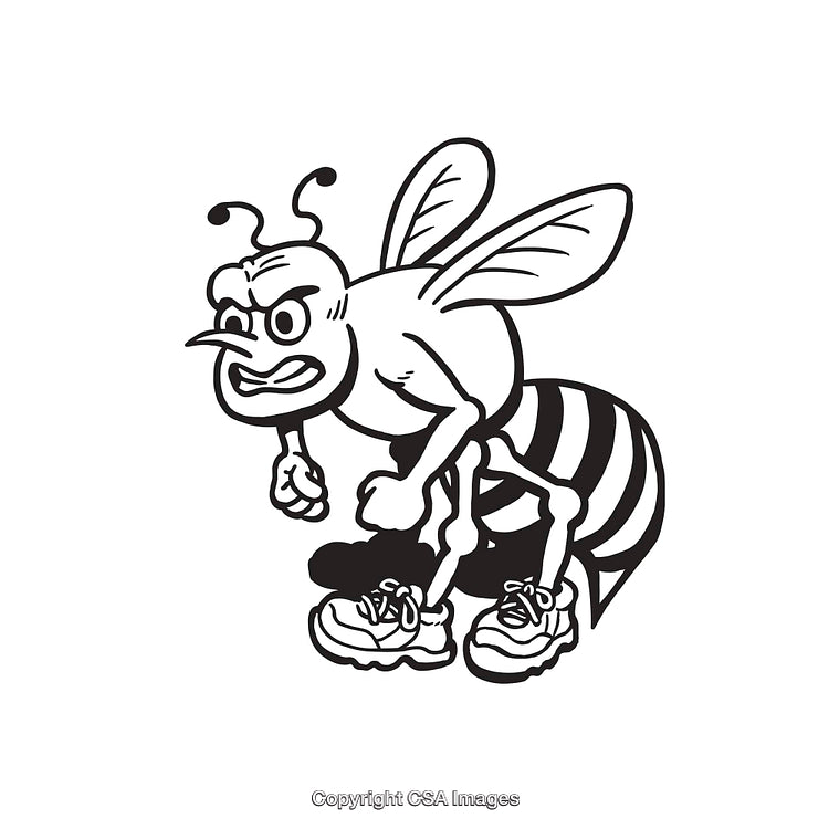 Cartoon Design of Angry Bee Wearing Sneakers in Black and White Illustration