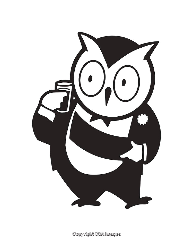 Elegant Owl Character in Tuxedo Holding Glass, Black and White Art
