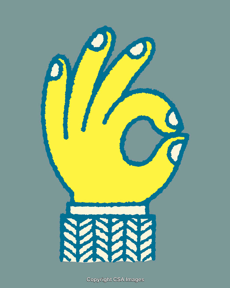 Yellow-Blue Ok Hand Gesture Illustration on a Gentle Teal Background