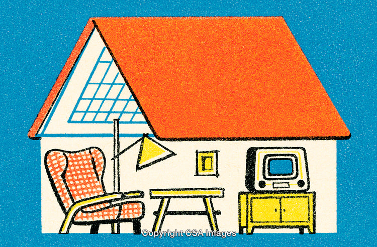Mid-Century Illustration of a Cozy Home with Furniture and Retro Television