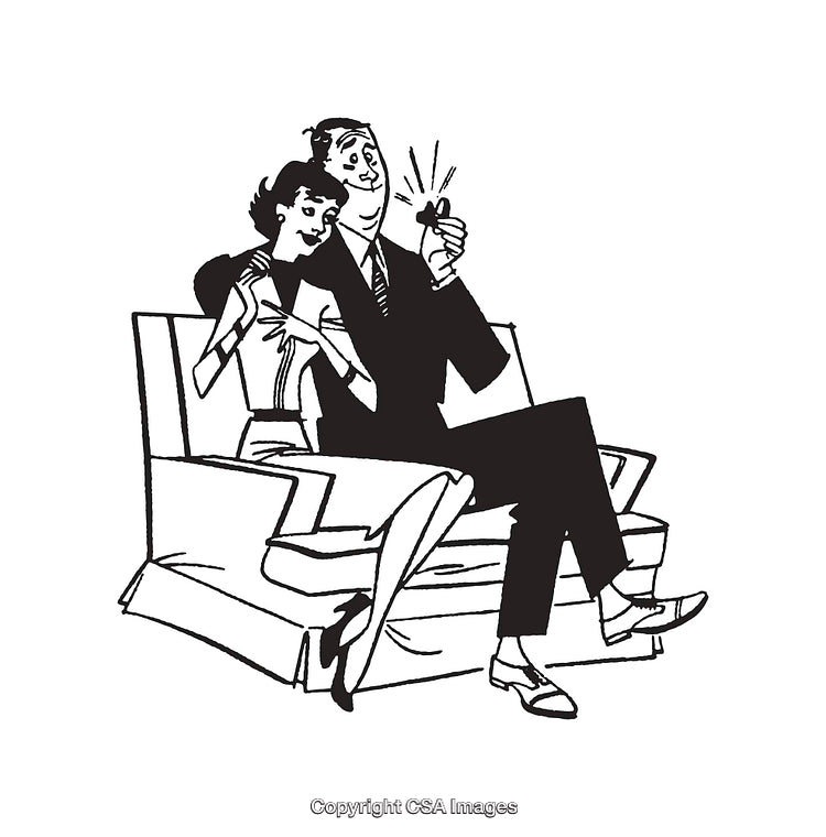 Retro Black and White Illustration of a Romantic Couple Sitting on a Sofa