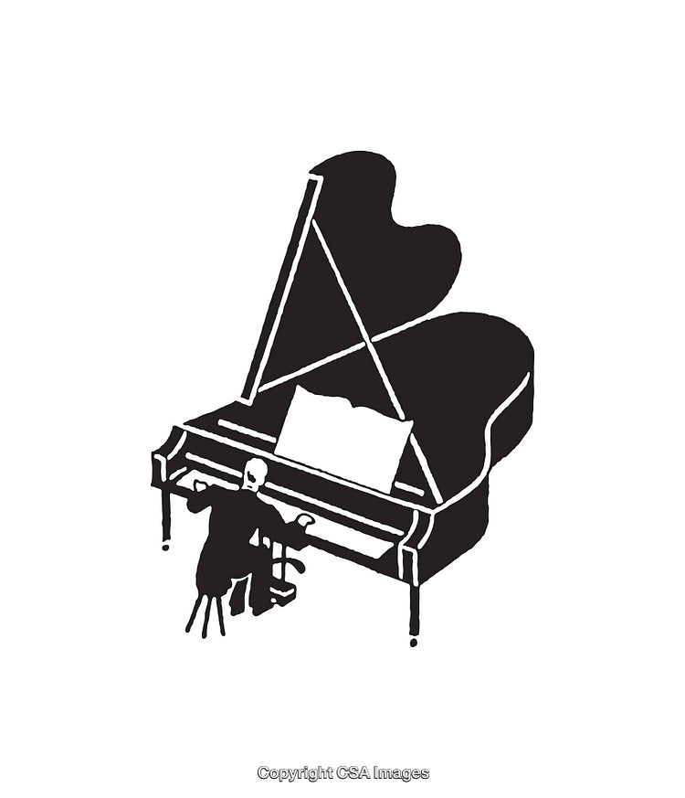 Black and White Line Art Illustration of a Pianist at a Grand Piano
